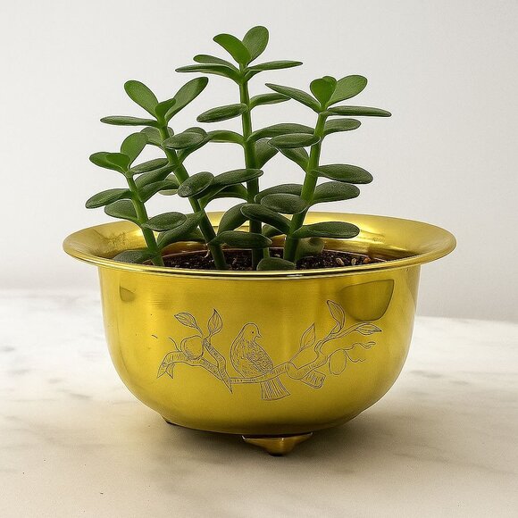 Vtg Etched Brass Bowl Birds Footed Dual-Sided Planter 1960s Decor MCM 3.5"T 6"D - Picture 1 of 10